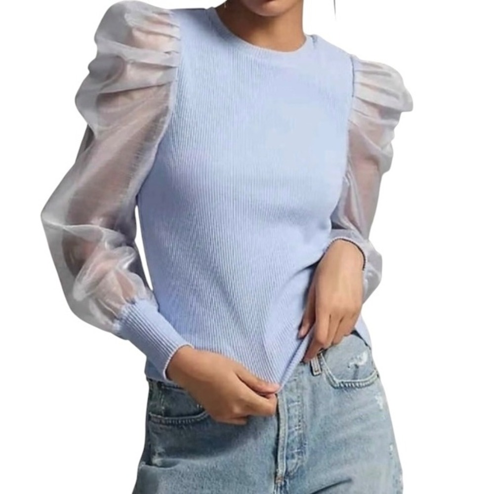 Dolan Anthropologie Puff Sleeve Ribbed Top Light Blue Sheer Organza sleeve S NEW